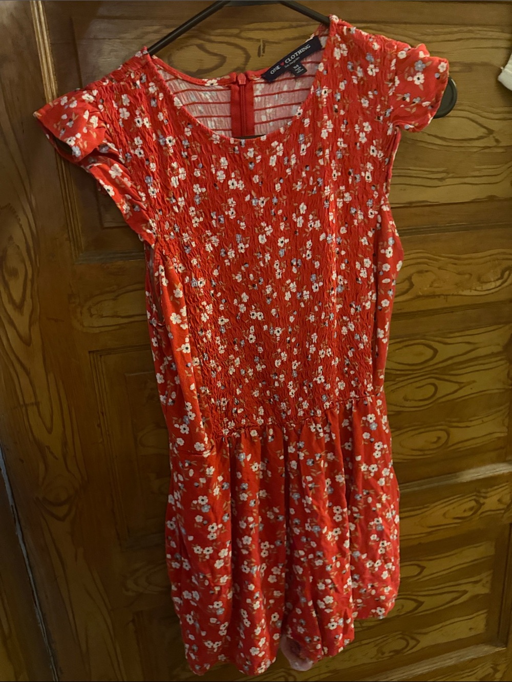 One Clothing Red Floral Smocked Short Sleeve Dress